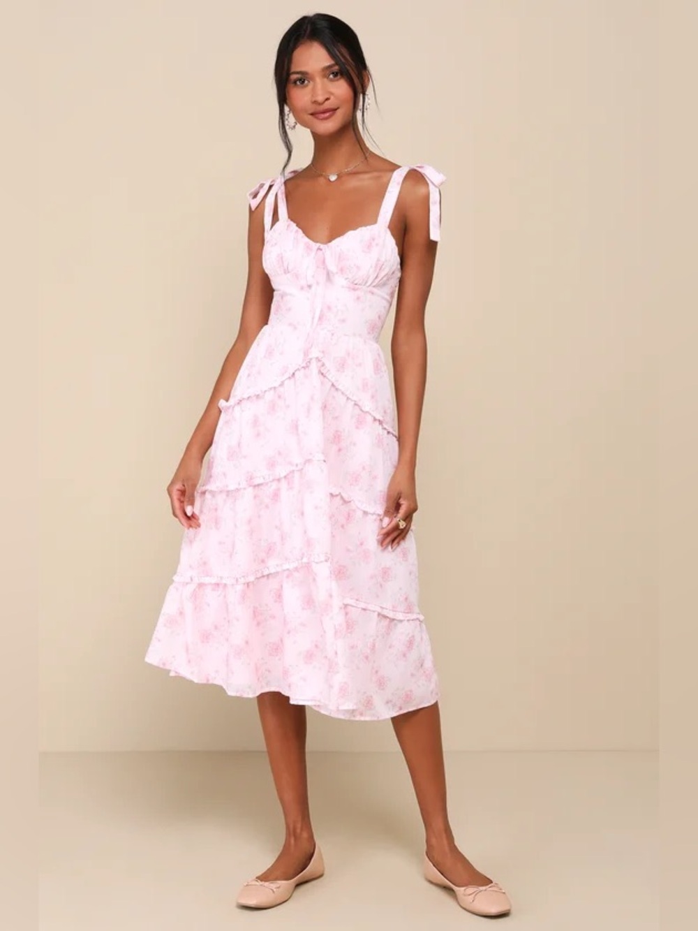 Lulus Unbelievably Darling Pink Floral Buster Tie-Strap Midi Dress